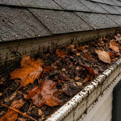 Autumn leaves and silt blocking a dirty roof gutter