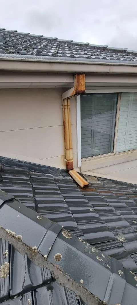 Downpipe and gutter line on a charcoal roof in Melbourne