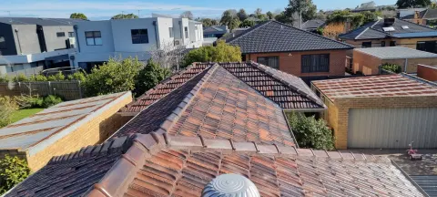 Before — moss holding damp against tiles on a Melbourne roof