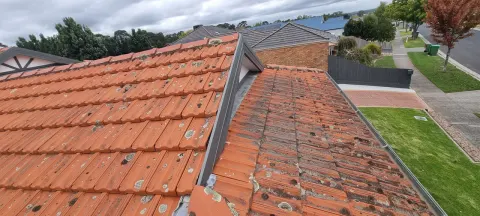 Before: a lichen-covered, weathered terracotta tiled roof at roof level