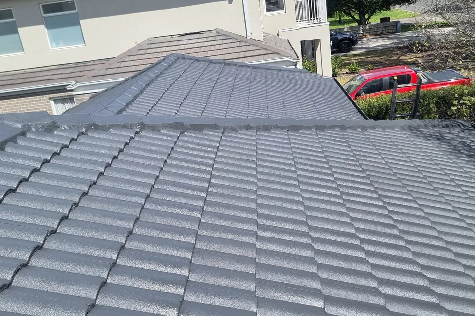 Berwick — weathered, lichen-spotted concrete tile roof recoated in charcoal — after
